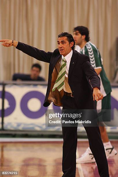 Coach Sergio Scariolo of Unicaja Malaga watches on from the side of the court during the Euroleague Basketball Game 1 between Aris TT Bank and...