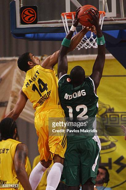 Jeremiah Massey of Aris TT Bank and Boniface N'Dong of Unicaja Malaga in action during the Euroleague Basketball Game 1 between Aris TT Bank and...