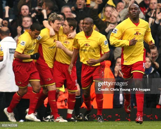 Watford's Darius Henderson celebrates his goal with team mates Adrian Mariappa , Steven Kabba , Damien Francis and Tommy Smith