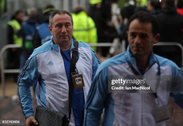 Stanimir Stoilov the manager of Astana is seen prior to the UEFA Champions League Qualifying Play-Offs Round First Leg match between Celtic FC and FK...