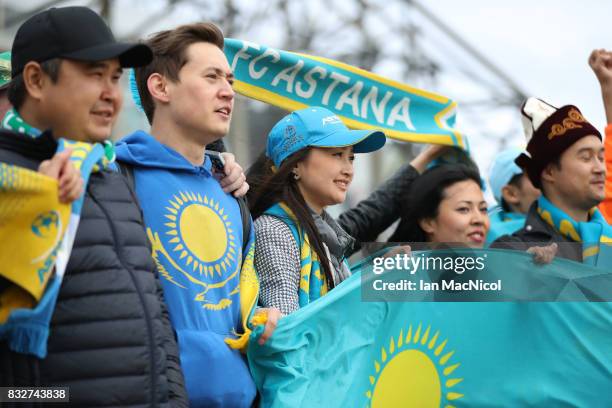 Astana fans are seen prior to the UEFA Champions League Qualifying Play-Offs Round First Leg match between Celtic FC and FK Astana at Celtic Park on...