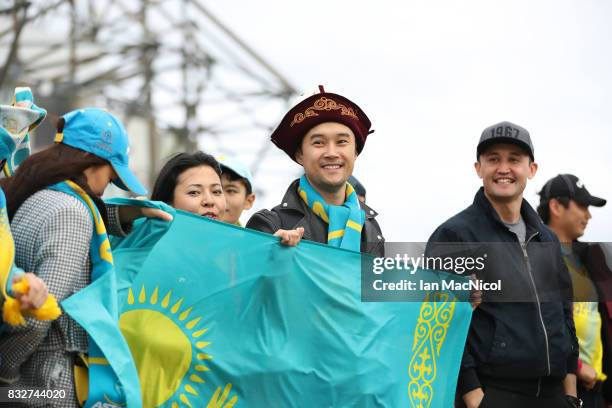 Astana fans are seen prior to the UEFA Champions League Qualifying Play-Offs Round First Leg match between Celtic FC and FK Astana at Celtic Park on...