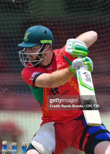 In this handout image provided by CPL T20, Martin Guptill of Guyana Amazon Warriors during a training session before Match 15 of the 2017 Hero...