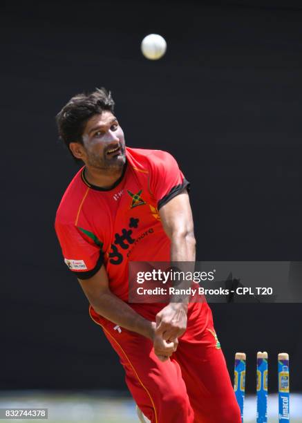 In this handout image provided by CPL T20, Sohail Tanvir of Guyana Amazon Warriors during a training session before Match 15 of the 2017 Hero...