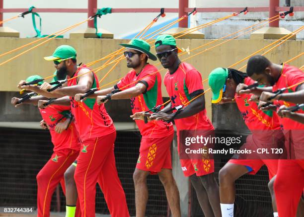 In this handout image provided by CPL T20, Guyana Amazon Warriors during a training session before Match 15 of the 2017 Hero Caribbean Premier League...
