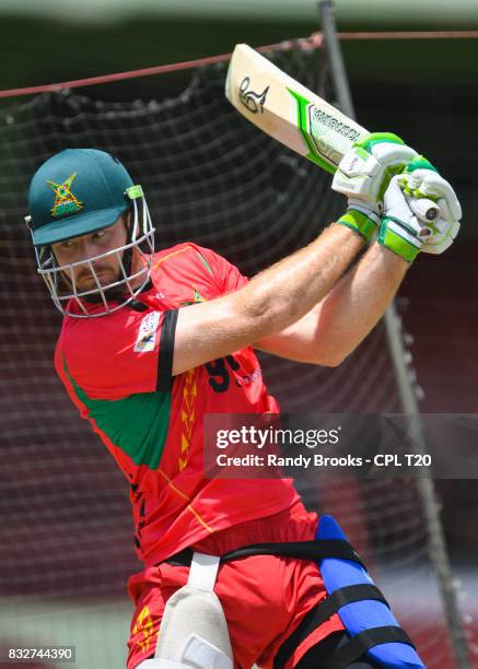 In this handout image provided by CPL T20, Martin Guptill of Guyana Amazon Warriors during a training session before Match 15 of the 2017 Hero...