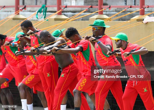 In this handout image provided by CPL T20, Guyana Amazon Warriors during a training session before Match 15 of the 2017 Hero Caribbean Premier League...
