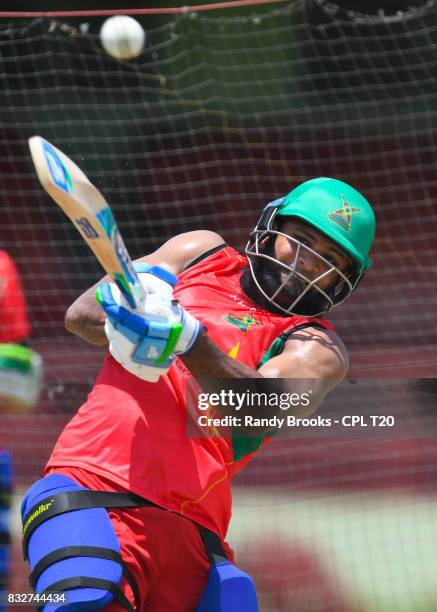 In this handout image provided by CPL T20, Assad Fudadin of Guyana Amazon Warriors during a training session before Match 15 of the 2017 Hero...