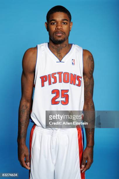 Amir Johnson of the Detroit Pistons poses for a portrait during NBA Media Day at the Pistons Practice Facility on September 29, 2008 in Auburn Hills,...