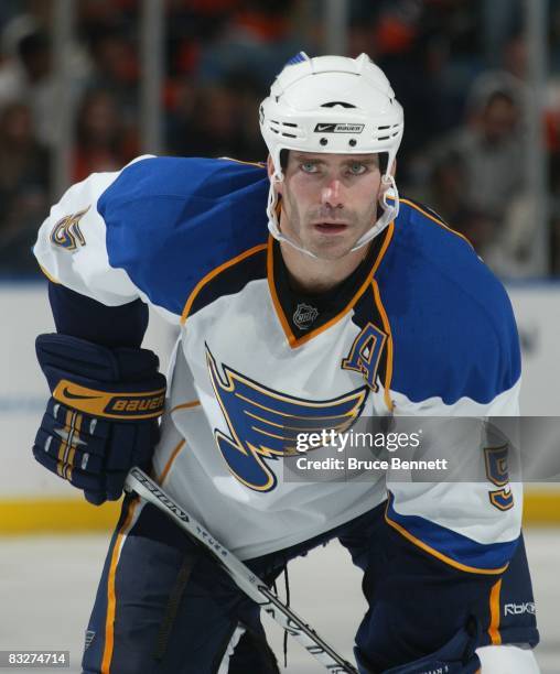 Barret Jackman of the St. Louis Blues waits for a faceoff against the New York Islanders on October 11, 2008 at the Nassau Coliseum in Uniondale, New...