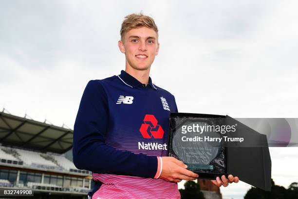 Tom Lammonby of England U19s poses with the England player of the Tournament award during the 5th Youth ODI match between England U19s and India...