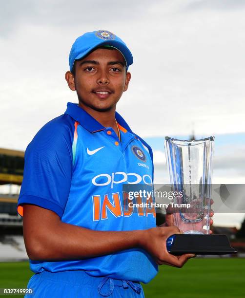 Prithvi Shaw of India U19s poses with the trophy during the 5th Youth ODI match between England U19s and India Under 19s at The Cooper Associates...