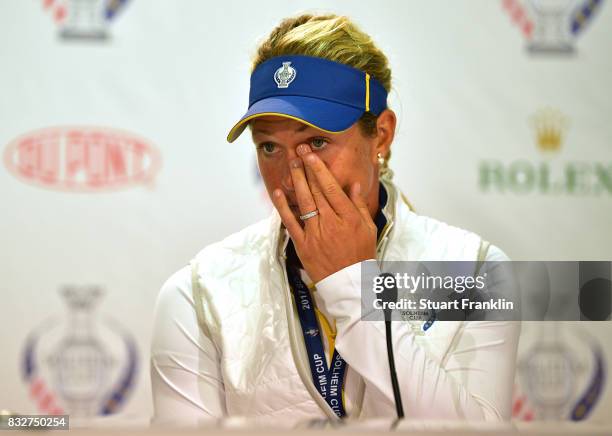 Suzann Pettersen looks on as Captain of Team Europe Annika Sorenstam announces Catriona Matthew as her replacement during a press conference for The...