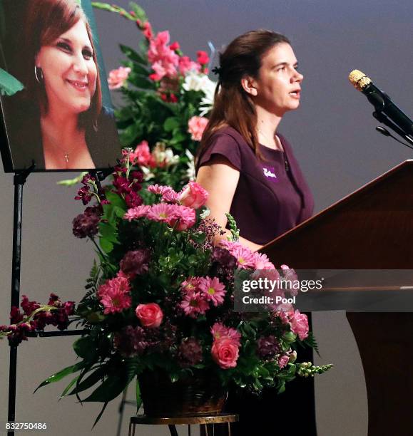 Denise Ratcliff-Kennedy, cousin of Heather Heyer, speaks during a memorial for Heyer, at the Paramount Theater on August 16, 2017 in Charlottesville,...