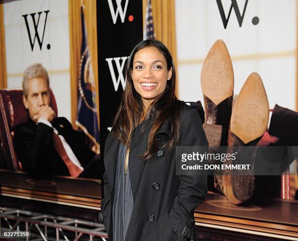 Actress Rosario Dawson poses for photos at the premier of the Oliver Stone movie "W" on October 14, 2008 in New York. Stone has often chosen to...