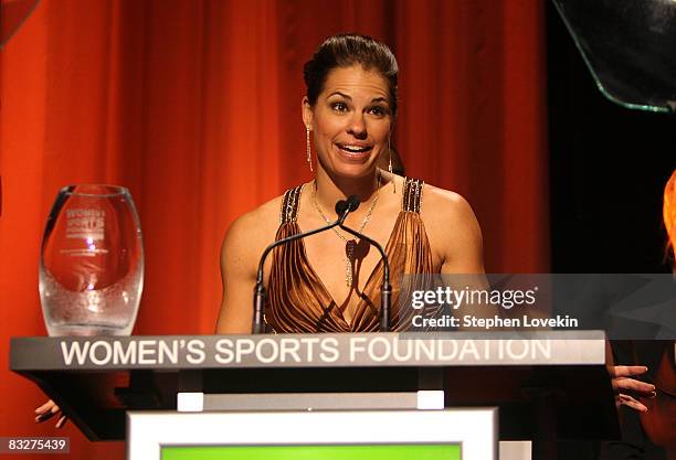 Softball player Jessica Mendoza speaks on stage during the 29th annual Salute to Women in Sports Awards presented by the Women's Sports Foundation at...