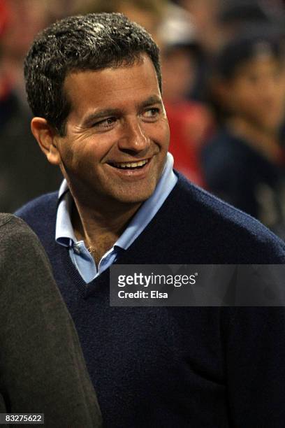 Principal owner of the Tampa Bay Devil Rays, Stuart Sternberg looks on as his team takes on the Boston Red Sox in game four of the American League...