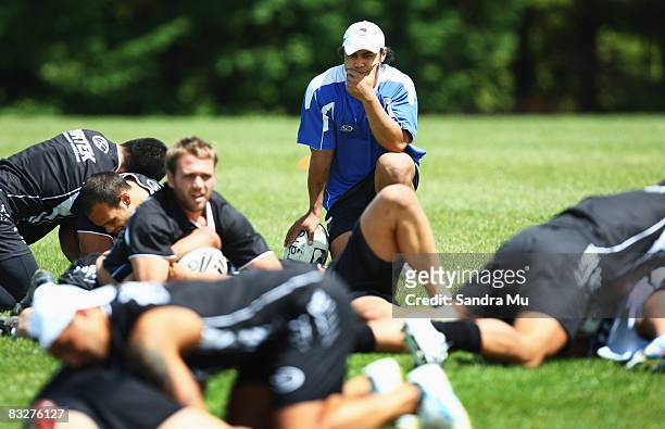 Steve Matai of the Kiwis watches the team warm up during a New Zealand Kiwis training session at Rosmini College on October 15, 2008 in Auckland, New...