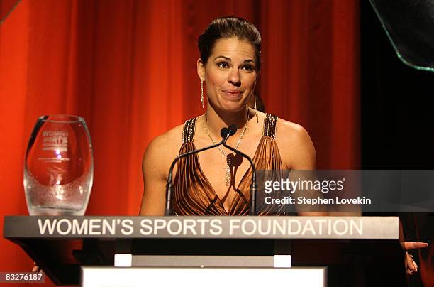 Softball player Jessica Mendoza speaks on stage during the 29th annual Salute to Women in Sports Awards presented by the Women's Sports Foundation at...