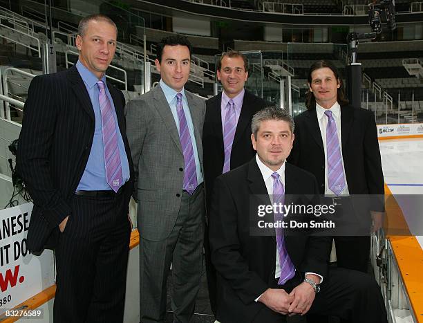 Trent Yawney, Jay Woodcroft, Todd Richards, Todd McLellan and Mike Ricci of the San Jose Sharks pose with their lavender ties for Hockey Fights...