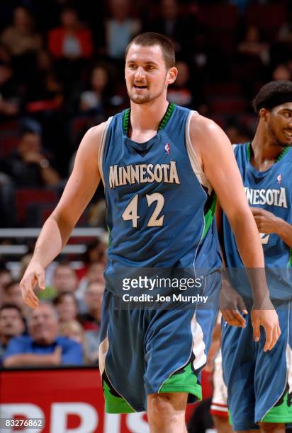 Kevin Love of the Minnesota Timberwolves smiles duringa game against the Chicago Bulls on October 14, 2008 at the United Center in Memphis,...