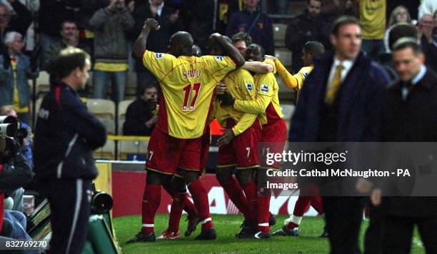 Watford celebrate after Damien Francis scores a late winner against Ipswich Town during the FA Cup Fifth Round match at Vicarage Road, Watford.