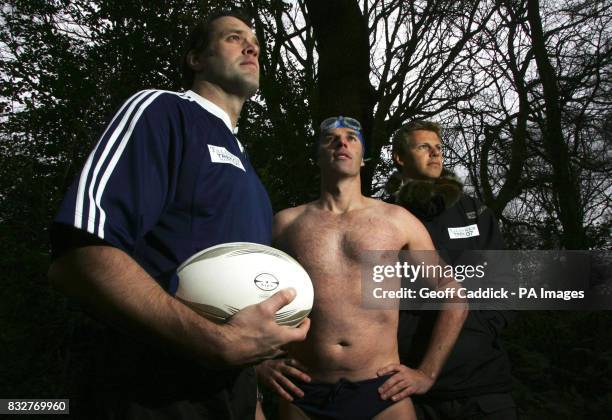 Former England rugby player Martin Bayfield , record-breaking endurance swimmer Lewis Gordon Pugh and explorer Tom Avery at Hampstead Heath, London.