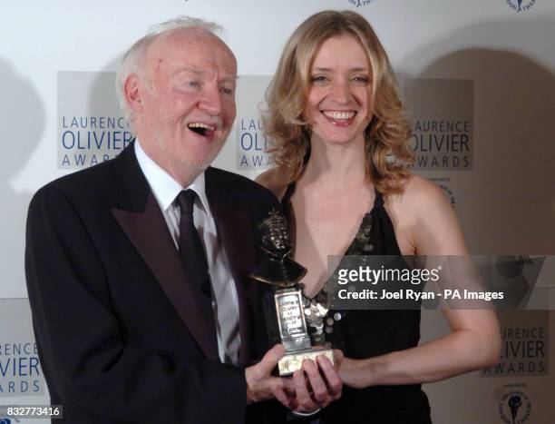 Best performance in a supporting role award winner, Jim Norton with Anne Marie Duff, who presented him with his award, at the 2007 Laurence Olivier...
