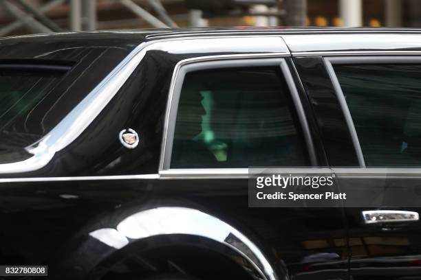 President Donald Trump departs Trump Tower with his motorcade on August 16, 2017 in New York City. Trump is traveling to Bedminster, New Jersey as...