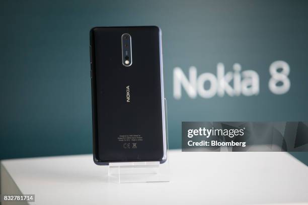 The Nokia 8 smartphone, designed by HMD Global Oy, sits on a stand ahead of its official unveiling in London, U.K., on Tuesday, Aug. 15, 2017. The...