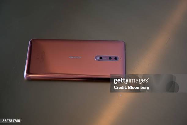 The Nokia 8 smartphone, designed by HMD Global Oy, sits on display ahead of its official unveiling in London, U.K., on Tuesday, Aug. 15, 2017. The...