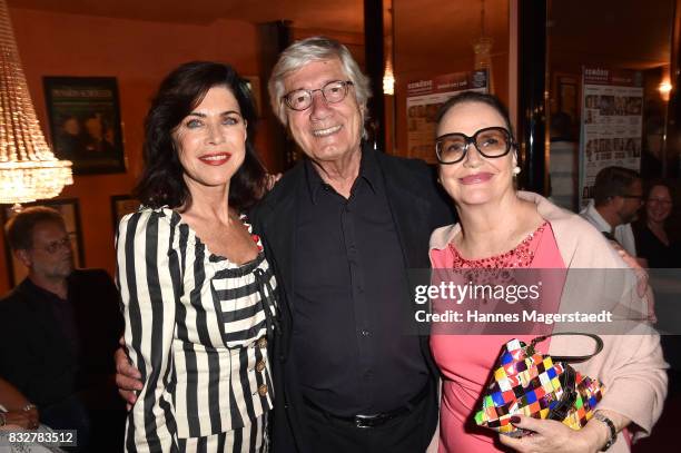 Actress Anja Kruse, Christian Wolff and his wife Marina Wolff during the 'Aufguss' premiere at Komoedie im Bayerischen Hof on August 16, 2017 in...