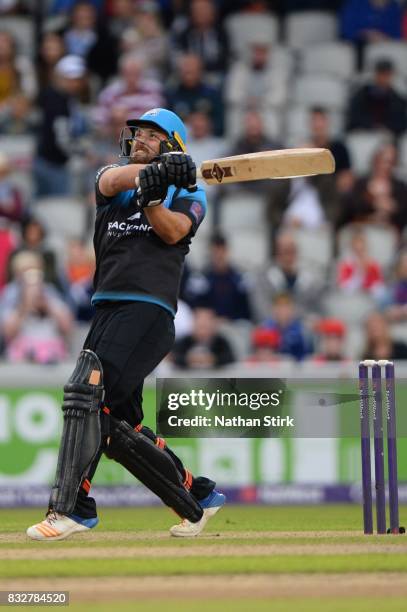 Joe Leach of Worcestershire Rapids in action during the NatWest T20 Blast match between Lancashire Lightning and Worcestershire Rapids at Old...