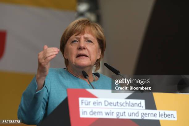 Angela Merkel, Germany's chancellor and Christian Democratic Union leader, speaks during an election campaign stop in Koblenz, Germany, on Wednesday,...