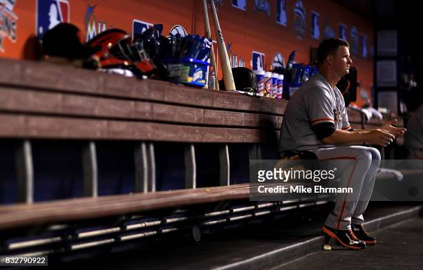 Matt Cain of the San Francisco Giants looks on during a game against the Miami Marlins at Marlins Park on August 16, 2017 in Miami, Florida.