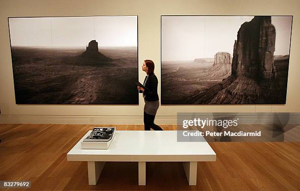 Visitor to the Annie Leibovitz: A Photographer's Life, 1990-2005 exhibition walks past two large photographs of Monument Valley at The National...