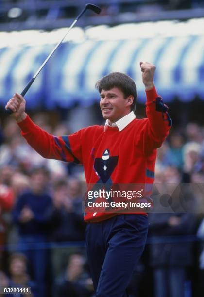 English golfer Nick Faldo celebrates his win at the end of the Suntory World Match Play Championship at Wentworth Club, 1989.