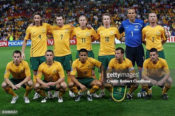 The Australian team line up prior to the 2010 FIFA World Cup qualifier match between the Australian Socceroos and Qatar at Brisbane Stadium on...