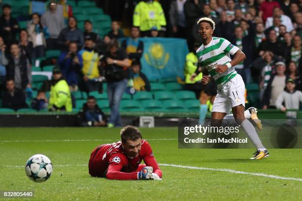 Scott Sinclair of Celtic scores his team's second goal during the UEFA Champions League Qualifying Play-Offs Round First Leg match between Celtic FC...