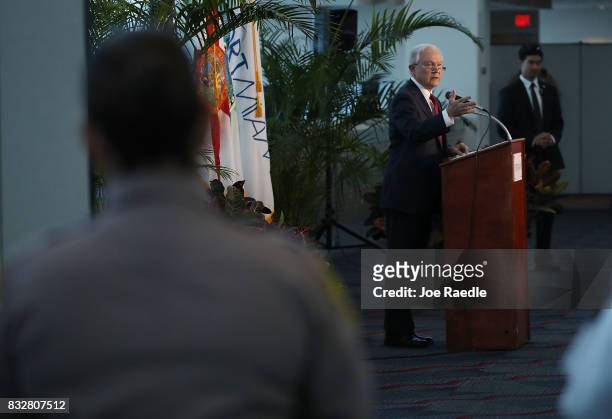 Attorney General Jeff Sessions speaks at PortMiami on what he said is a growing trend of violent crime in sanctuary cities on August 16, 2017 in...