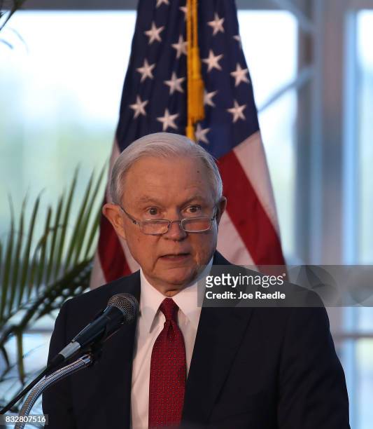 Attorney General Jeff Sessions speaks at PortMiami on what he said is a growing trend of violent crime in sanctuary cities on August 16, 2017 in...