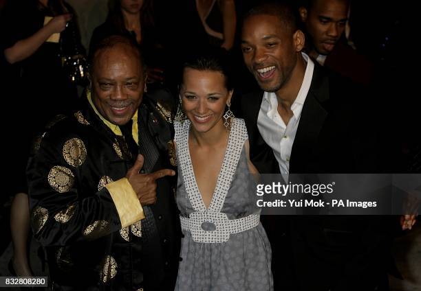 Quincy Jones with his daughter, actress Rashida Jones and Will Smith as they arrive for the annual Vanity Fair Party at Mortons Restaurant, Los...