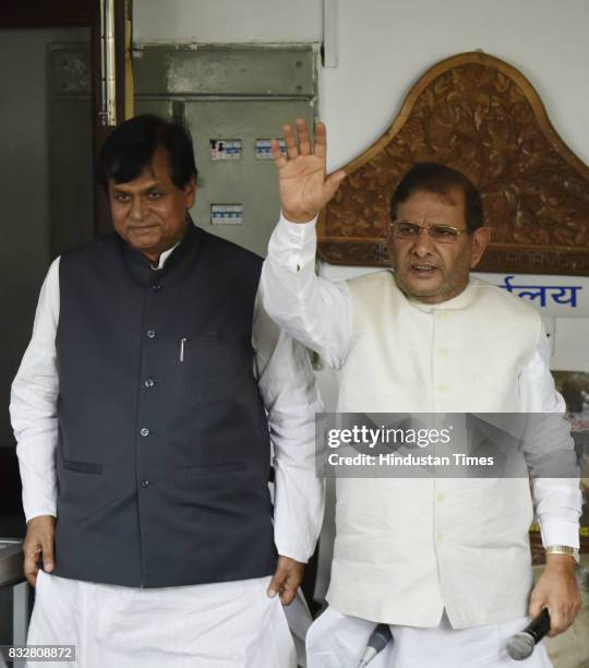 Leader Sharad Yadav with Ali Anwar during a press conference at his residence on August 16, 2017 in New Delhi, India. Veteran leader Sharad Yadav...