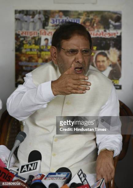 Leader Sharad Yadav during a press conference at his residence on August 16, 2017 in New Delhi, India. Veteran leader Sharad Yadav will stage a show...