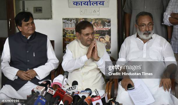 Leader Sharad Yadav with Ali Anwar during a press conference at his residence on August 16, 2017 in New Delhi, India. Veteran leader Sharad Yadav...