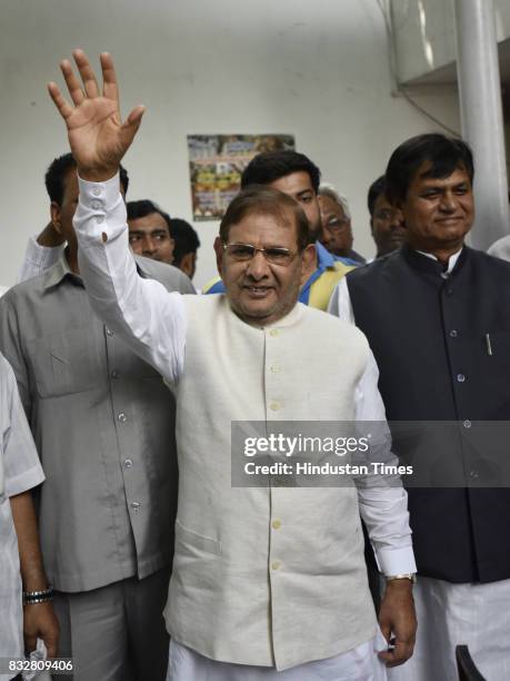 Leader Sharad Yadav with Ali Anwar during a press conference at his residence on August 16, 2017 in New Delhi, India. Veteran leader Sharad Yadav...