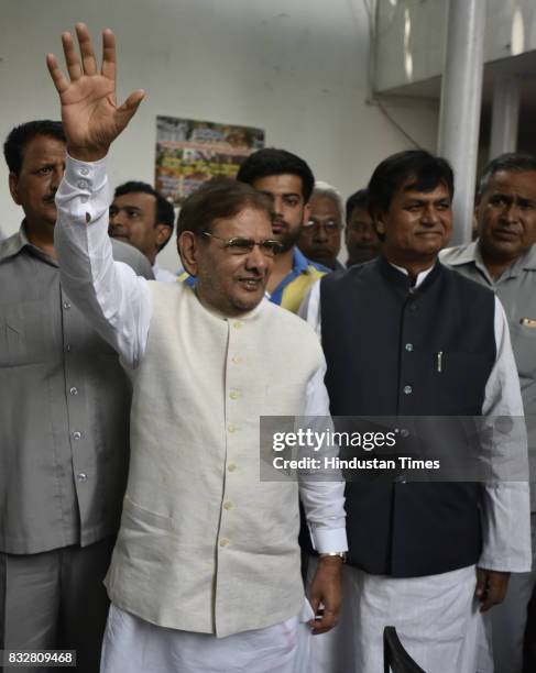 Leader Sharad Yadav with Ali Anwar during a press conference at his residence on August 16, 2017 in New Delhi, India. Veteran leader Sharad Yadav...