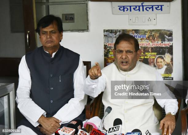 Sharad Yadav with Ali Anwar during a press conference at his residence on August 16, 2017 in New Delhi, India. Veteran leader Sharad Yadav will stage...