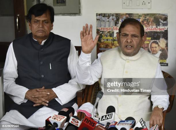 Sharad Yadav with Ali Anwar during a press conference at his residence on August 16, 2017 in New Delhi, India. Veteran leader Sharad Yadav will stage...