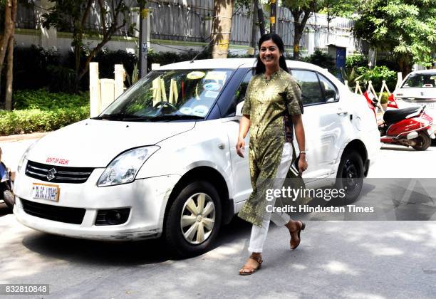 Alka Lamba arrives to wish Delhi Chief Minister Arvind Kejriwal on his birthday at his government residence on August 16, 2017 in New Delhi, India....